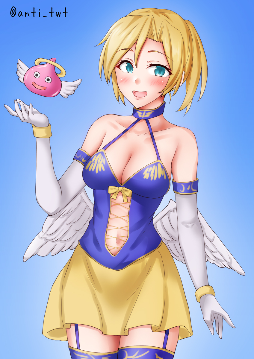 1girl, angel_slime, anti_(untea9), blonde_hair, blue_background, blue_dress, blue_eyes, blue_thighhighs