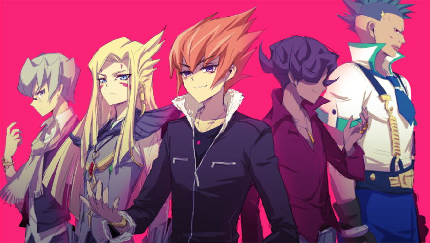 5boys, arito_(yu-gi-oh!), armor, arms_at_sides, black_jacket, black_vest, blonde_hair, blue_eyes