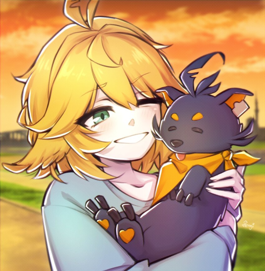 ;d, ahoge, alternate_costume, aqua_sweater, baby_carry, blonde_hair, carrying, creature