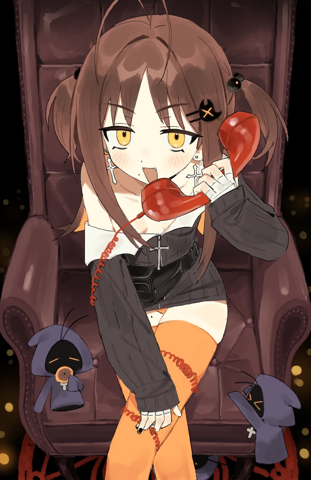 1girl, ahoge, bare_shoulders, blush, brown_hair, corded_phone, dress, earrings