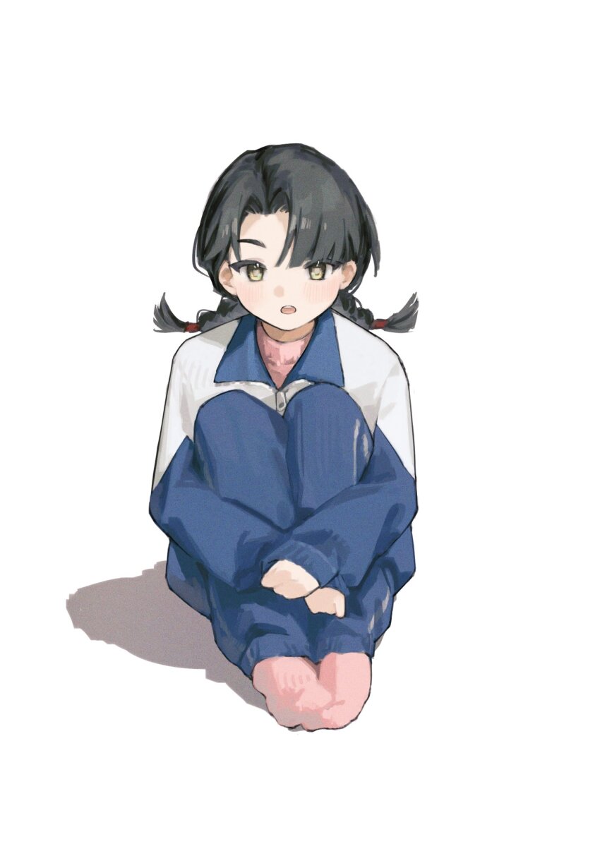 1girl, :o, aged_down, asymmetrical_bangs, blue_jacket, blue_pants, braid, chinese_track_school_uniform, full_body, highres, hugging_own_legs, jacket, knees_to_chest, liang_yue_(reverse:1999), long_hair, low_twin_braids, multicolored_jacket, nats_(d0ughnats), no_shoes, open_mouth, pants, pink_socks, reverse:1999, school_uniform, shadow, sitting, socks, solo, track_jacket, track_pants, twin_braids, two-tone_jacket, white_background, white_jacket, yellow_eyes