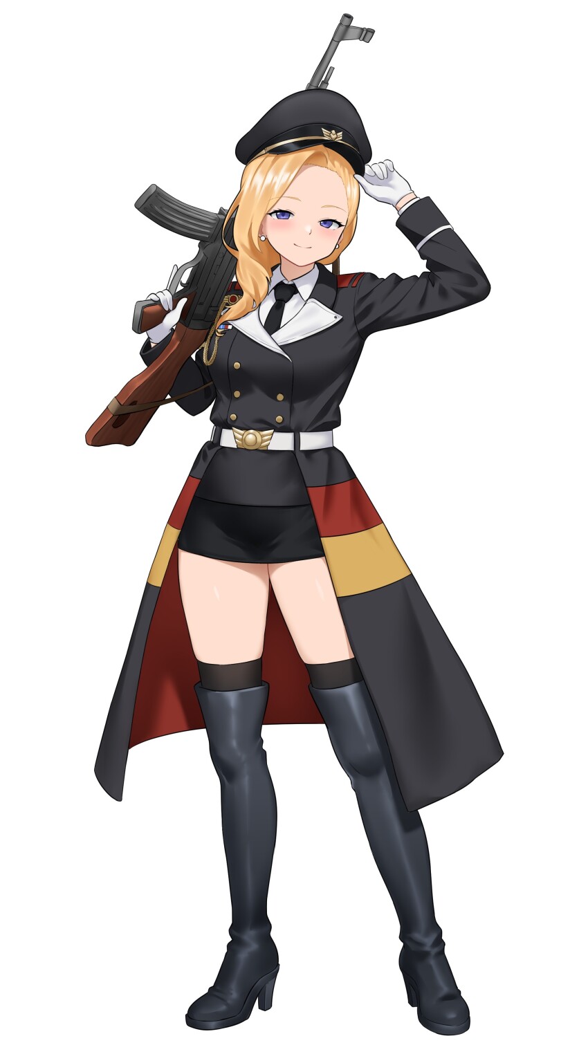 1girl, absurdres, adjusting_clothes, adjusting_headwear, aiguillette, assault_rifle, azur_lane, black_hat