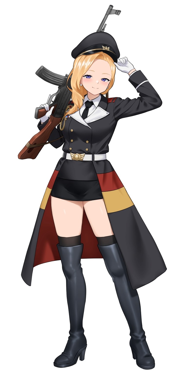 1girl, adjusting_clothes, adjusting_headwear, aiguillette, assault_rifle, azur_lane, black_hat, black_necktie