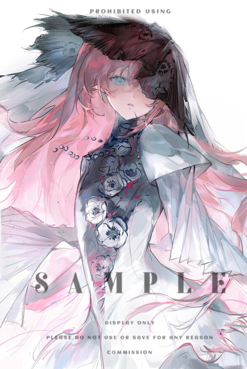 1girl, black_veil, blue_eyes, commission, dress, english_text, highres, long_hair