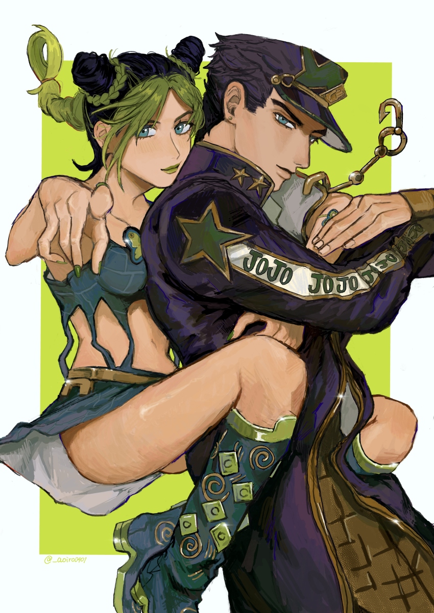 1boy, 1girl, absurdres, aoiro0401, black_hair, braid, breasts, bun_with_braided_base, comic_cover_redraw, cone_hair_bun, crop_top, derivative_work, double_bun, father_and_child, father_and_daughter, green_hair, green_lips, hair_bun, hat, highres, jojo_no_kimyou_na_bouken, kuujou_jolyne, kuujou_joutarou, lipstick, makeup, multicolored_hair, parent_and_child, smile, star_(symbol), stone_ocean, two-tone_hair