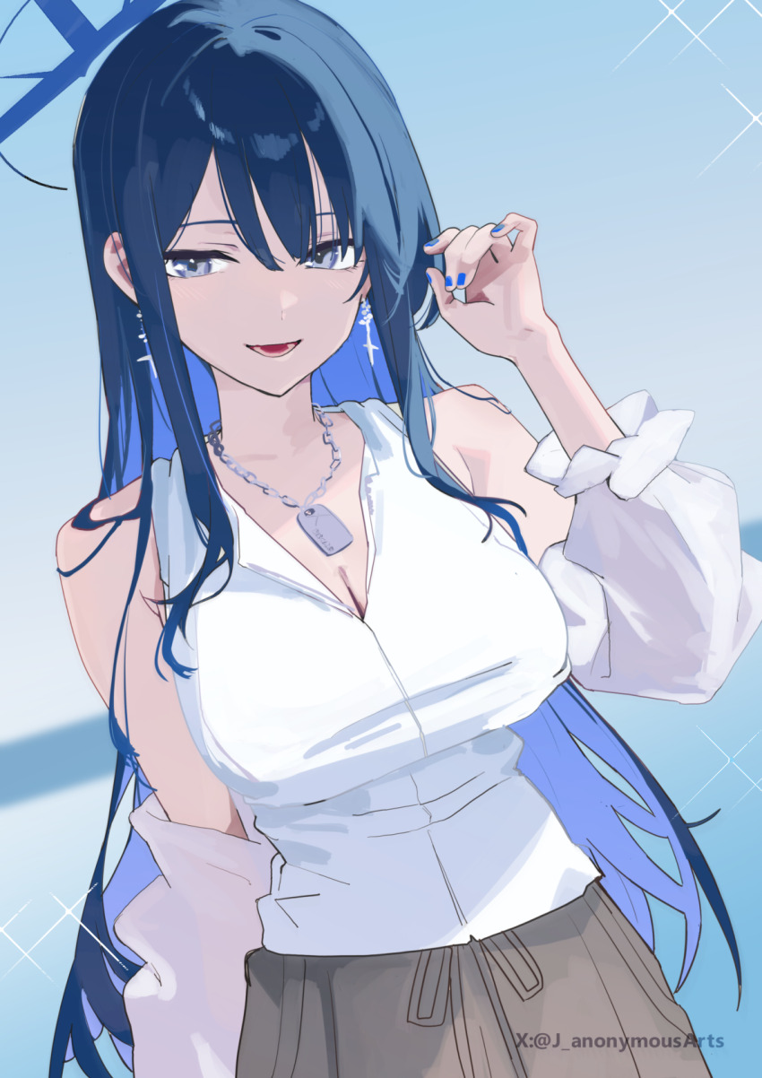 1girl, alternate_costume, blue_archive, blue_eyes, blue_hair, blue_halo, breasts, cleavage