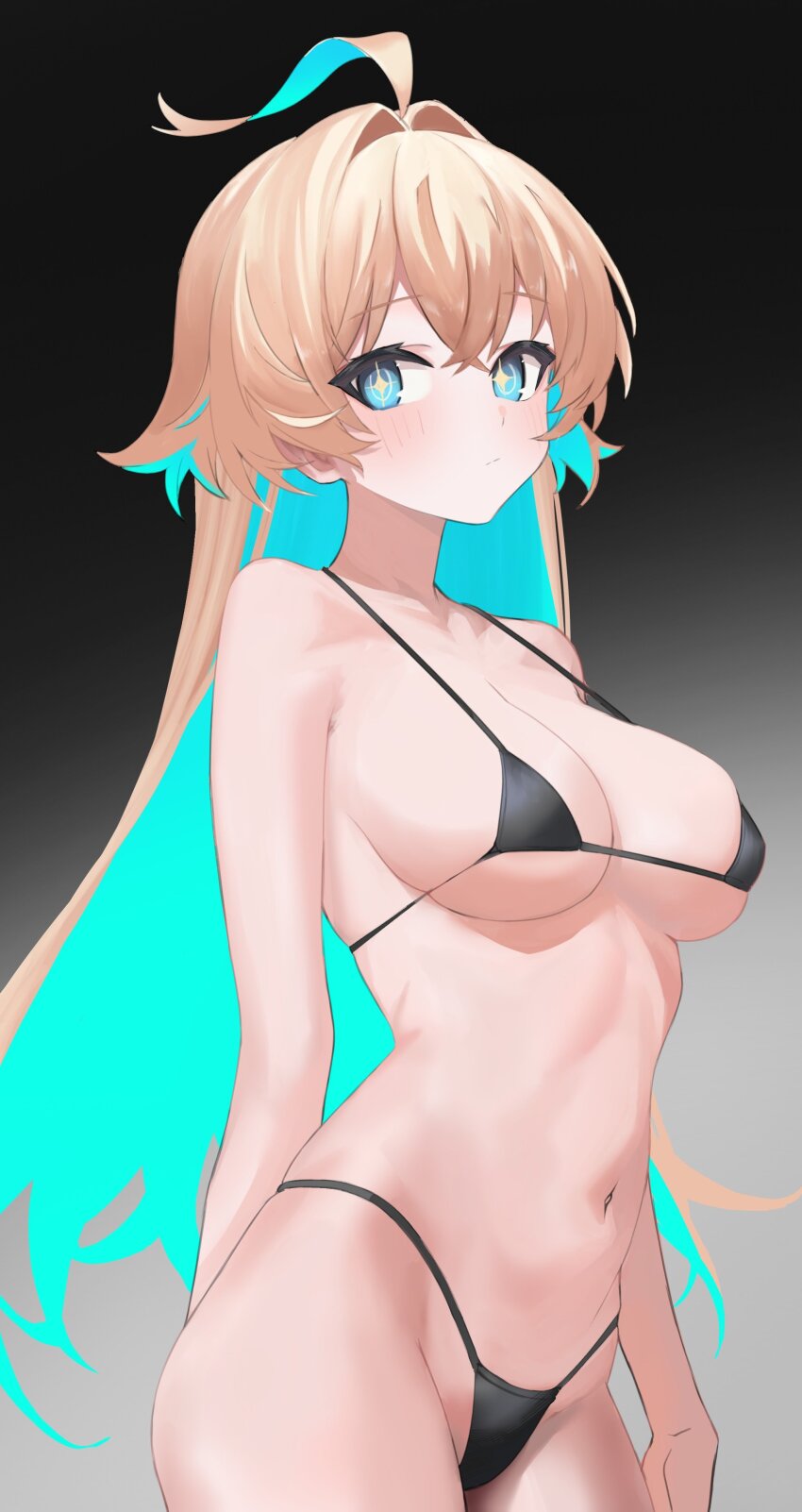 +_+, 1girl, absurdres, ahoge, aqua_eyes, aqua_hair, bare_shoulders, bikini
