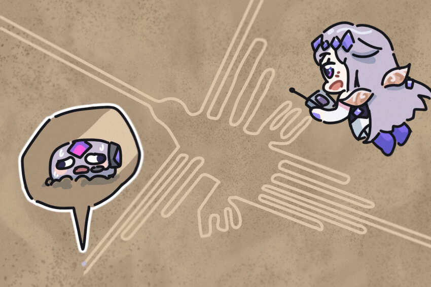 1girl, 1other, bing_huyue, chibi, commentary, english_commentary, flying, gem