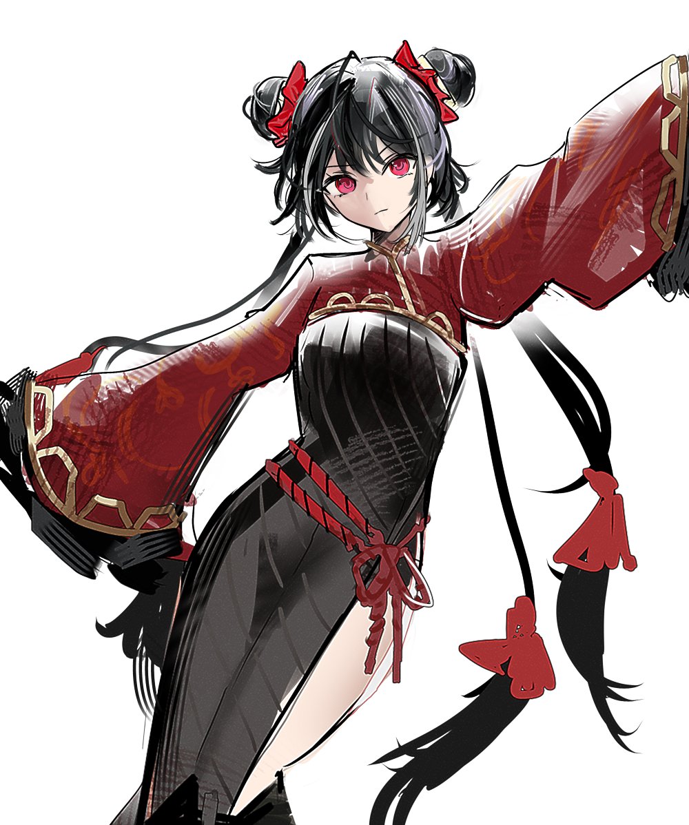 1girl, arm_up, black_dress, black_hair, closed_mouth, cowboy_shot, double_bun, dress