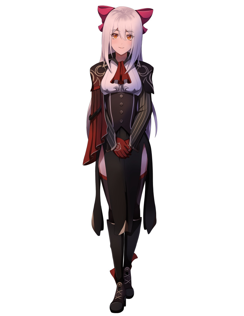 1girl, absurdres, artistc0, black_boots, black_skirt, boots, bow, celeste_mccoy, commission, commissioner_upload, fantasy, full_body, gloves, highres, long_hair, pink_bow, red_gloves, red_handkerchief, second-party_source, shoulder_guard, skirt, smile, solo, tyrion_cuthbert:_attorney_of_the_arcane, white_hair, yellow_eyes