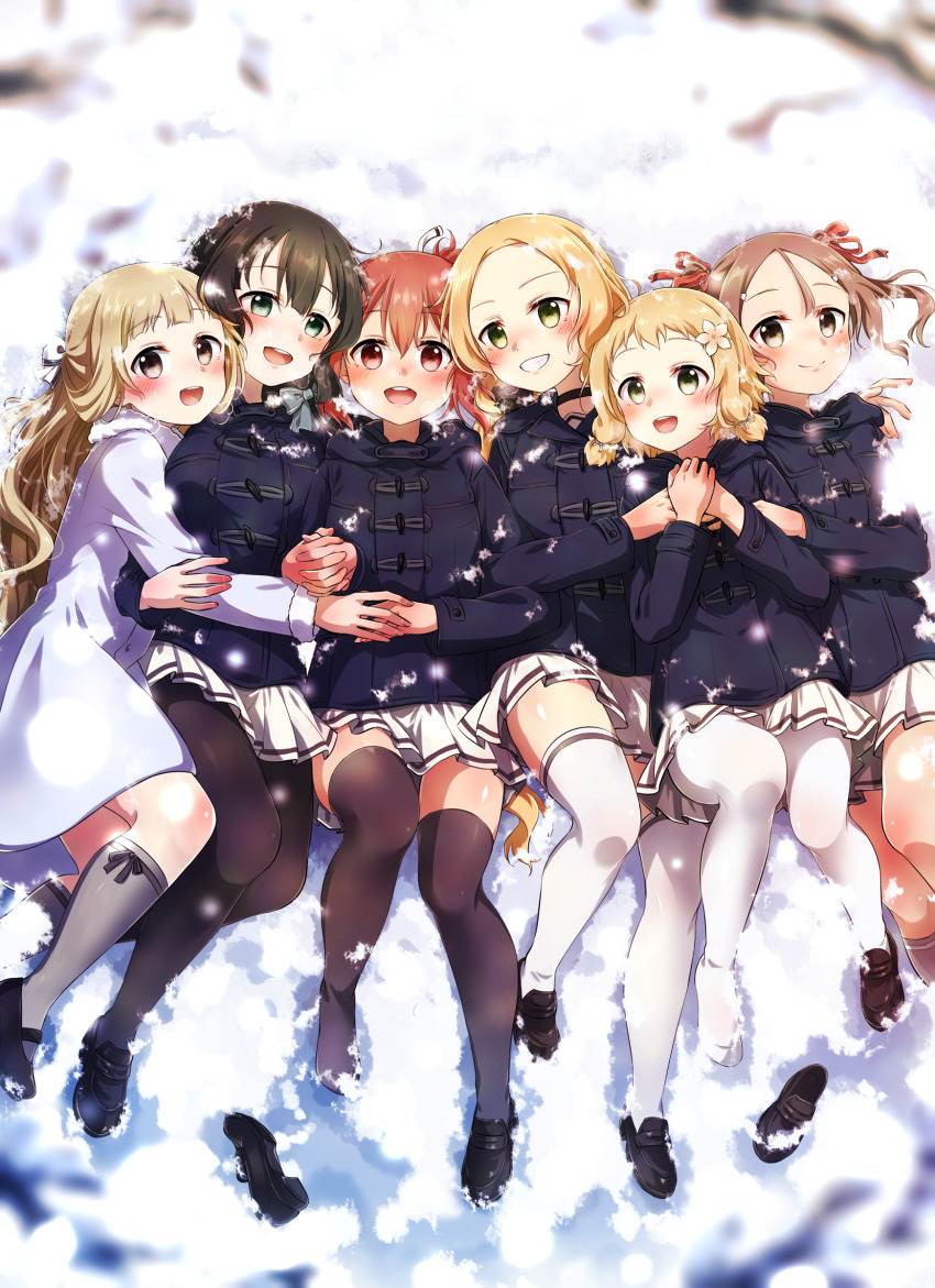6+girls, :d, absurdres, black_choker, black_pantyhose, black_shoes, black_thighhighs, blonde_hair, blue_coat, brown_eyes, brown_hair, choker, closed_mouth, coat, coat_dress, dress, eda_udon, from_above, full_body, green_eyes, grey_socks, grin, hero_club_(group), highres, holding_hands, interlocked_fingers, inubouzaki_fuu, inubouzaki_itsuki, kneehighs, loafers, long_hair, lying, miyoshi_karin, multiple_girls, nogi_sonoko, on_back, on_side, open_mouth, pantyhose, red_eyes, sanshuu_middle_school_uniform, school_uniform, shoes, short_hair, smile, socks, thighhighs, tougou_mimori, twintails, very_long_hair, white_coat, white_pantyhose, white_thighhighs, winter_clothes, winter_coat, yuuki_yuuna, yuuki_yuuna_wa_yuusha_de_aru, yuusha_de_aru, zettai_ryouiki