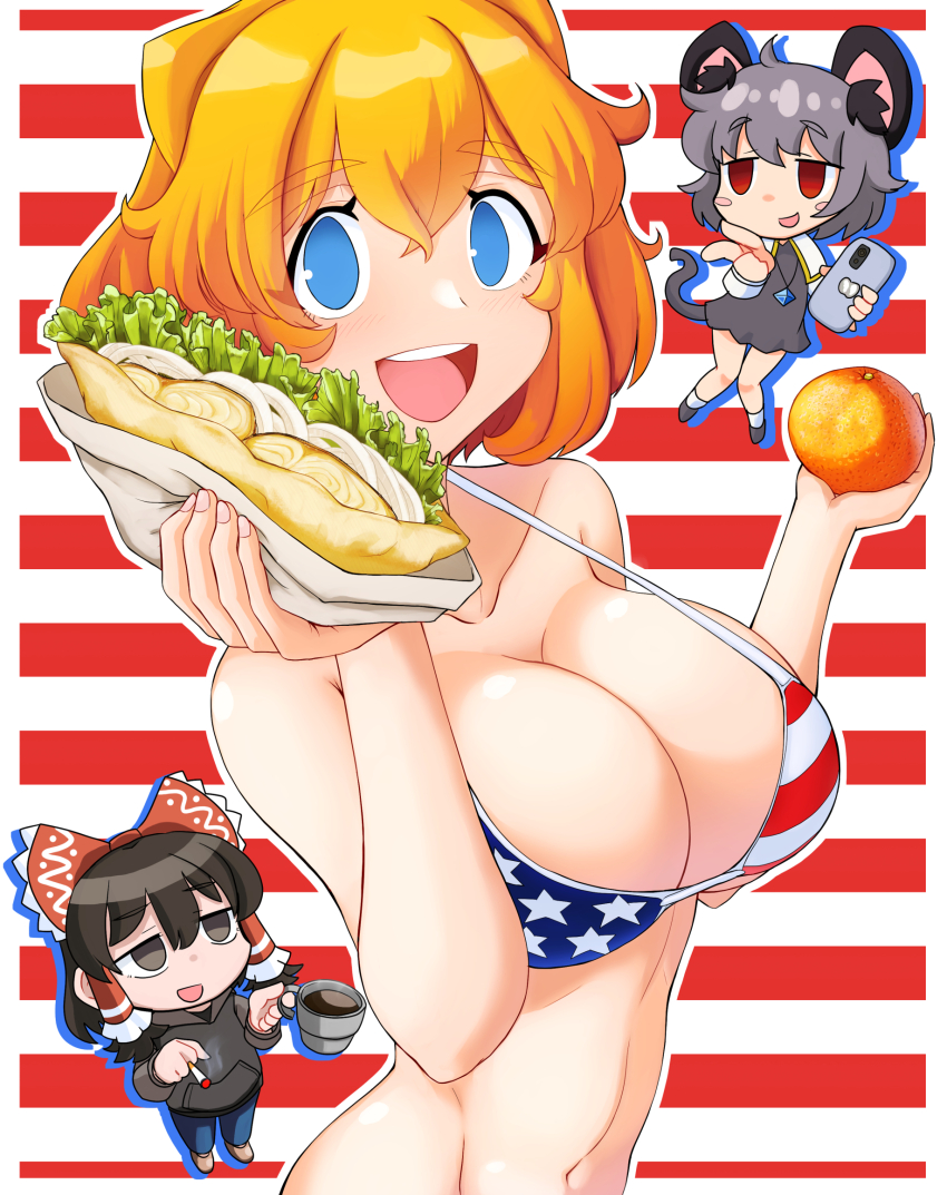 3girls, :d, alice_margatroid, american_flag, american_flag_bikini, american_flag_print, animal_ears, bikini, black_eyes, black_hair, black_hoodie, blonde_hair, blue_eyes, bow, breasts, cellphone, chibi, chibi_inset, cigarette, cleavage, commentary_request, cookie_(touhou), dress, empty_eyes, flag_print, flag_print_bikini, food, frilled_bow, frilled_hair_tubes, frills, fruit, grey_dress, grey_hair, hair_bow, hair_tubes, hakurei_reimu, highres, holding, holding_cigarette, holding_food, hood, hood_down, hoodie, kofji_(cookie), large_breasts, looking_at_viewer, maru_(cookie), mouse_ears, mouse_girl, mouse_tail, multiple_girls, nazrin, open_mouth, orange_(fruit), phone, pita_(food), print_bikini, purple_eyes, pyukasshori, red_background, red_bow, red_eyes, short_hair, sidelocks, smartphone, smile, striped_background, swimsuit, tail, touhou, upper_body, web_(cookie), white_background