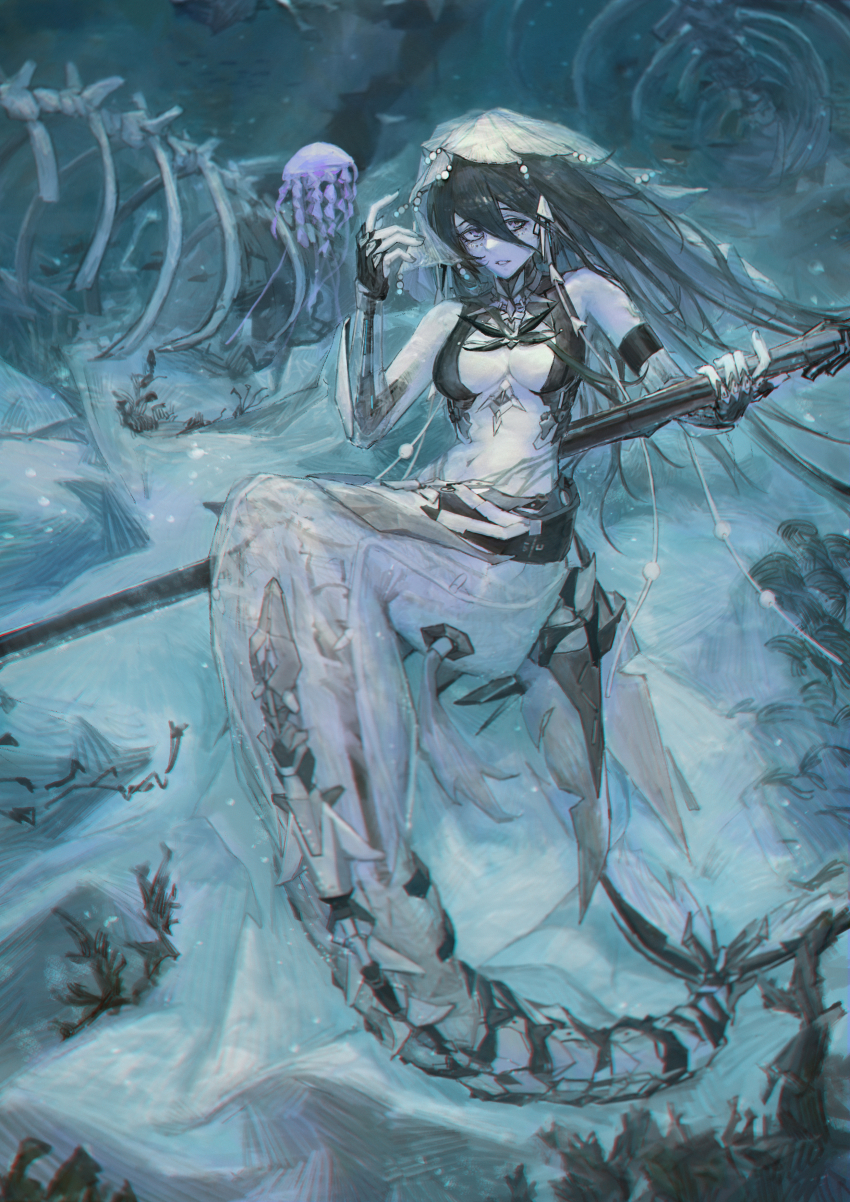 1girl, absurdres, alternate_costume, android, breasts, cleavage, hair_between_eyes, highres, holding, holding_staff, holding_weapon, jellyfish, lamia:_lost_lullaby_(abyssal_dye)_(pgr), lamia:_lost_lullaby_(pgr), lamia_(pgr), long_hair, mechanical_arms, medium_breasts, navel, official_alternate_costume, pale_skin, punishing:_gray_raven, ribs, sgg13, staff, underwear, veil, water, weapon