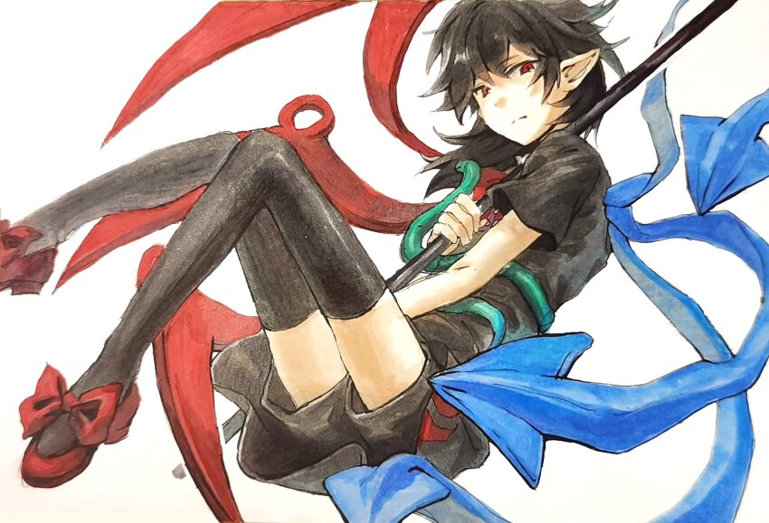 1girl, asymmetrical_wings, black_dress, black_hair, black_shorts, black_thighhighs, blue_wings, bow