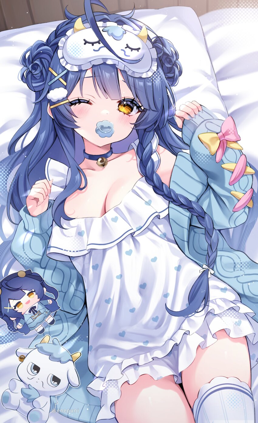 1girl, absurdres, amamiya_kokoro, amamiya_kokoro_(6th_costume), bell, blue_cardigan, blue_hair, blue_nails, blunt_bangs, blush, braid, breasts, cardigan, character_doll, cloud_hair_ornament, doll, dress, eneru_(enepuni), frilled_dress, frilled_hairband, frills, goat, hair_bell, hair_ornament, hairband, heart, heart_print, highres, long_hair, merchandise, nail_polish, neck_bell, neko_(amamiya_kokoro), nijisanji, official_alternate_costume, on_bed, one_eye_closed, pacifier, petite, single_braid, sleep_mask, small_breasts, stuffed_goat, stuffed_toy, virtual_youtuber, watermark, x_hair_ornament, yellow_eyes