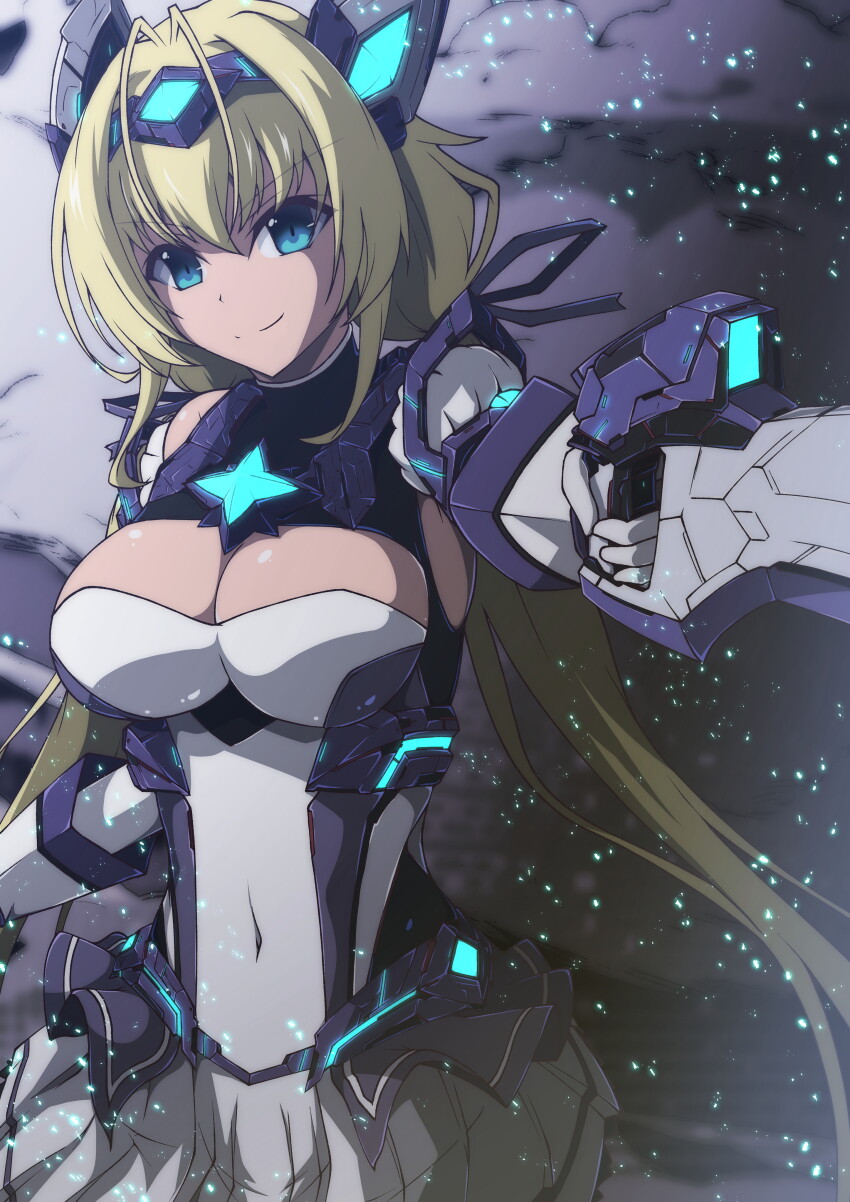 1girl, absurdres, aoi_tabane, blonde_hair, blue_eyes, breasts, cleavage, covered_navel