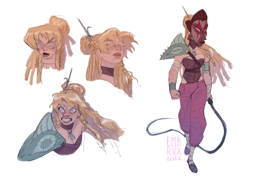 1girl, adapted_costume, african_mask, albino, alternate_costume, alternate_hairstyle, angry, armlet, armor, blonde_hair, blue_eyes, brown_leotard, chameleon_june, clenched_teeth, dark_skin, embrvx, freckles, full_body, hair_bun, hair_ornament, hair_stick, highres, holding, holding_whip, jewelry, leotard, long_hair, looking_at_viewer, mask, multiple_expressions, no_mask, pants, pauldrons, pink_pants, saint_seiya, shoulder_armor, single_hair_bun, single_shoulder_pad, solo_focus, standing, strapless, strapless_leotard, teeth, thick_lips, v-shaped_eyebrows, very_dark_skin, whip, wide-eyed