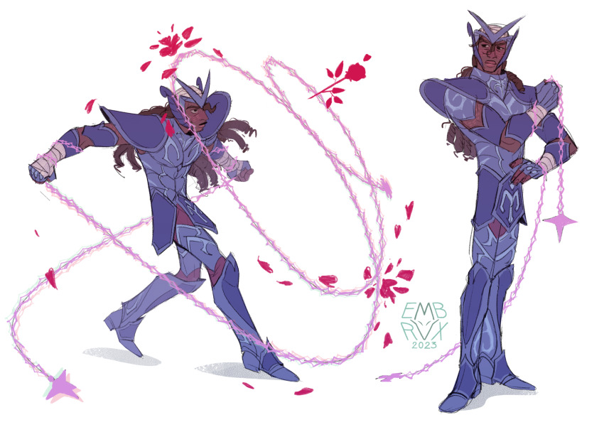 1boy, alternate_hair_color, alternate_skin_color, armor, armored_boots, battle, blocking, blue_armor, boots, brown_hair, cepheus_albiore, chain, dark-skinned_male, dark_skin, embrvx, facial_mark, fake_horns, flower, full_body, hand_on_own_hip, helmet, highres, holding, holding_chain, horned_helmet, horns, long_hair, multiple_views, out_of_frame, pauldrons, petals, red_flower, red_petals, red_rose, ringlets, rose, rose_petals, saint_seiya, shoulder_armor, standing, very_dark_skin, wrist_wrap