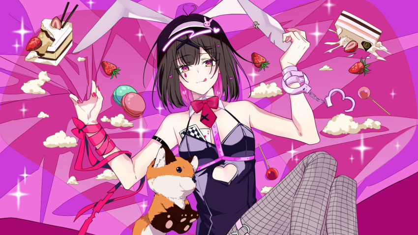 1girl, animal_ear_piercing, animal_ears, antenna_hair, arm_ribbon, black_leotard, blush, bow