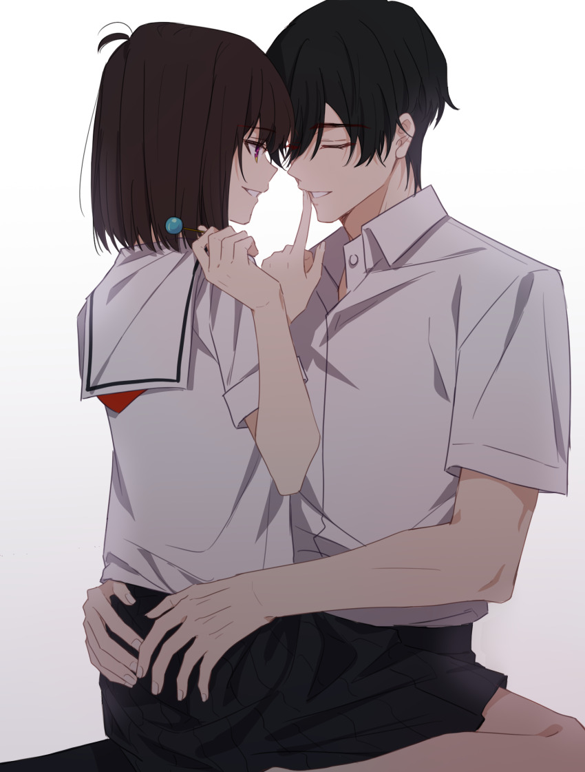 1boy, 1girl, ahoge, black_hair, black_pants, black_skirt, candy, chikong_ice