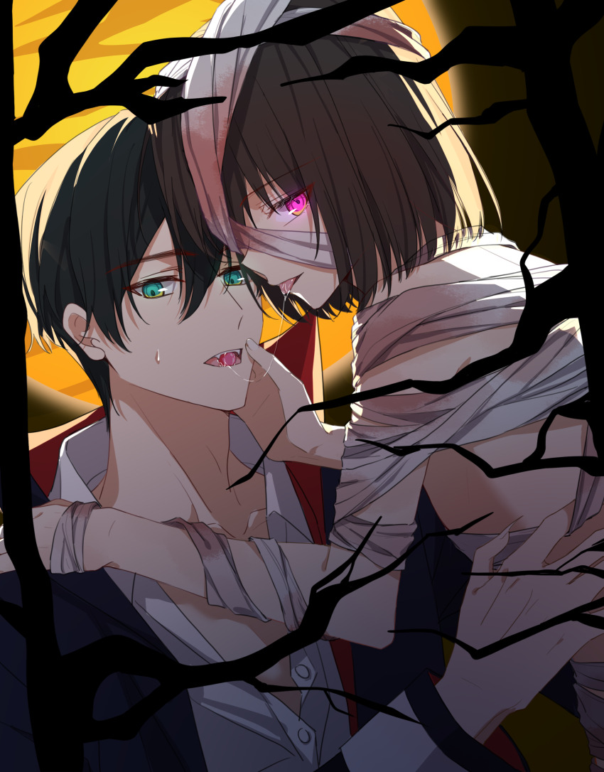 1boy, 1girl, after_kiss, bandage_on_face, bandaged_arm, bandages, black_hair, chikong_ice