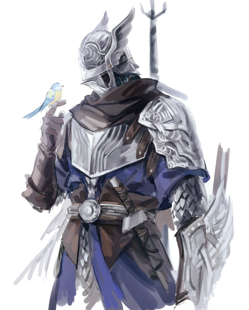 1boy, 3583367063_xd, animal, armor, belt, bird, bird_on_hand, blue_bird, breastplate, brown_gloves, commentary_request, elden_ring, elden_ring_nightreign, full_armor, gloves, helmet, highres, male_focus, pauldrons, shoulder_armor, simple_background, sword, weapon, white_background, winged_helmet, wylder_(elden_ring)