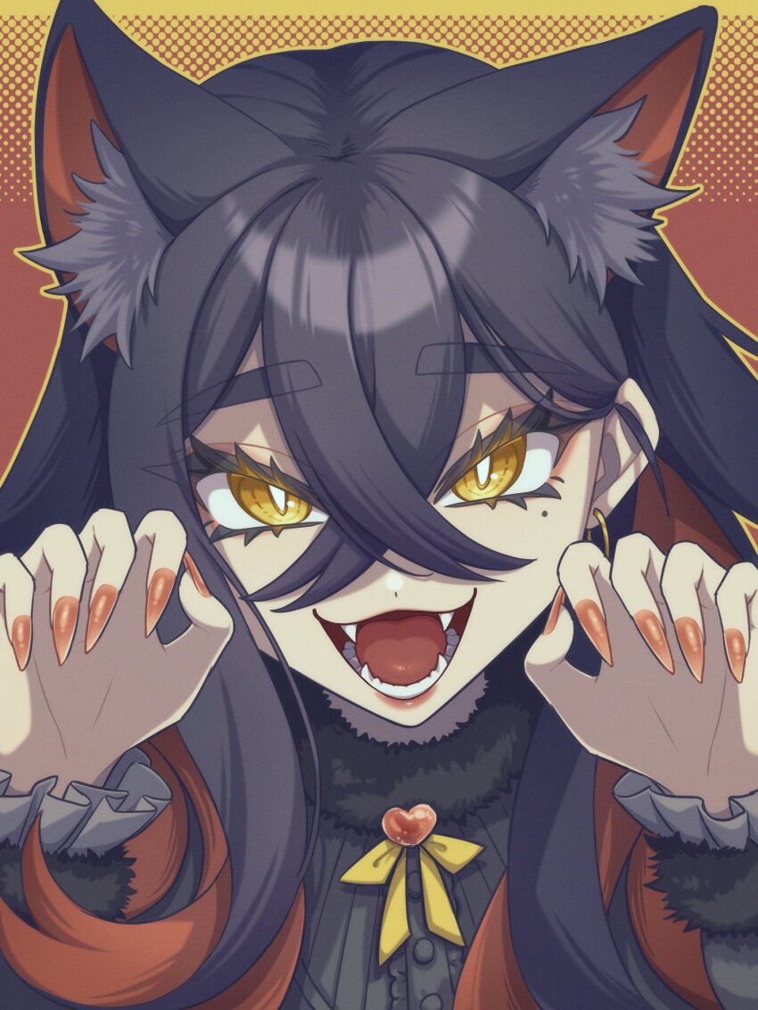 1girl, :3, alternate_costume, animal_ear_fluff, animal_ears, black_hair, black_shirt, bow