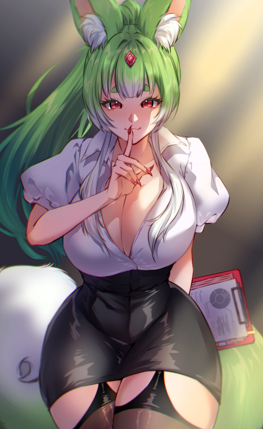 1girl, animal_ear_fluff, animal_ears, black_skirt, breasts, cera_luceria, cleavage, clipboard, closed_mouth, colored_tips, fingernails, gem_hair_ornament, globie, green_hair, high-waist_skirt, highres, large_breasts, long_hair, multicolored_hair, nagori_(uusdvedp), nail_polish, ponytail, red_eyes, red_nails, sharp_fingernails, shirt, skirt, solo, tail, teacher, thighhighs, virtual_youtuber, white_hair, white_shirt