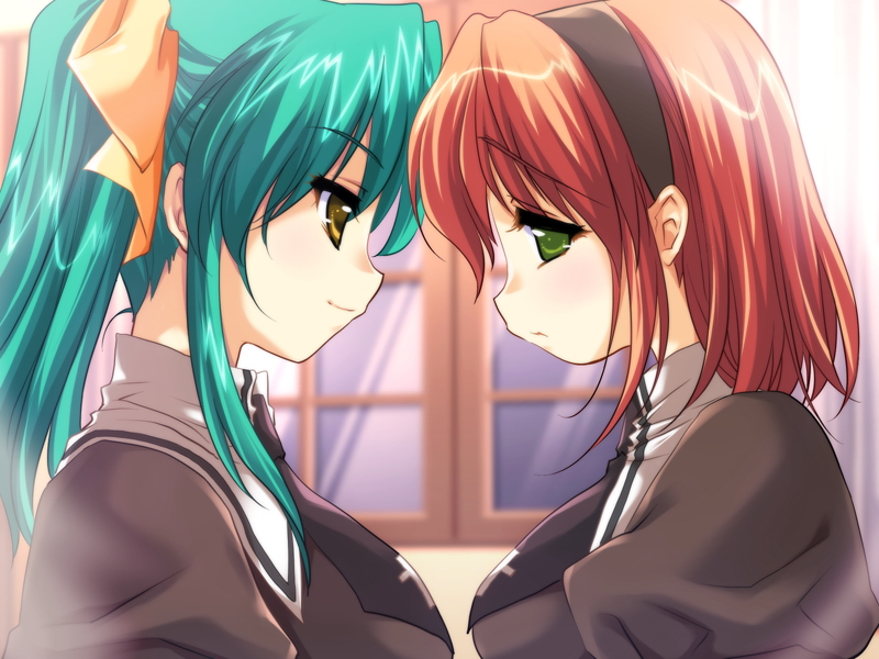 2girls, aqua_hair, blush, emily_(pure_dream), escalation_~kuruai_no_fugue~, green_eyes, green_hair, komatsuzaki_rie, multiple_girls, oomori_midori, ponytail, red_hair, ribbon, rolling_star, school_uniform, short_hair, smile, yellow_eyes, yuri