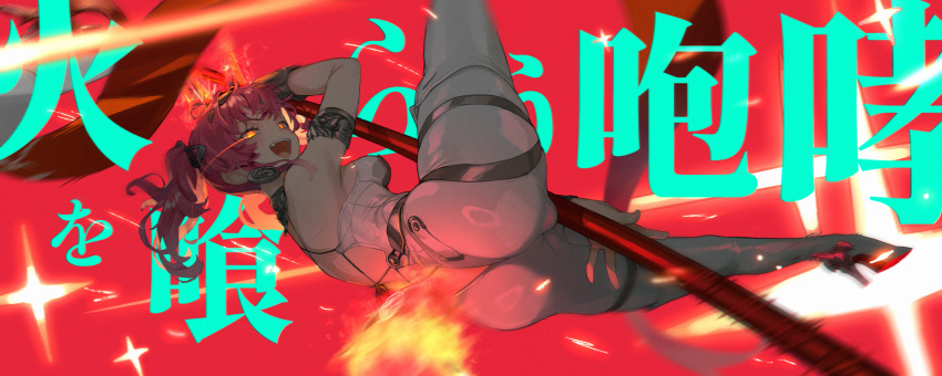 1girl, ass, bodysuit, breasts, commentary_request, dynamic_pose, glowing, glowing_eye, hairband, hand_to_weapon, hans.b, high_heels, highres, holding, holding_polearm, holding_weapon, large_breasts, long_hair, looking_at_viewer, lupa_(wuthering_waves), open_mouth, polearm, red_hair, skin_tight, smile, solo, spread_legs, translation_request, twintails, weapon, weapon_between_legs, white_bodysuit, wuthering_waves, yellow_eyes