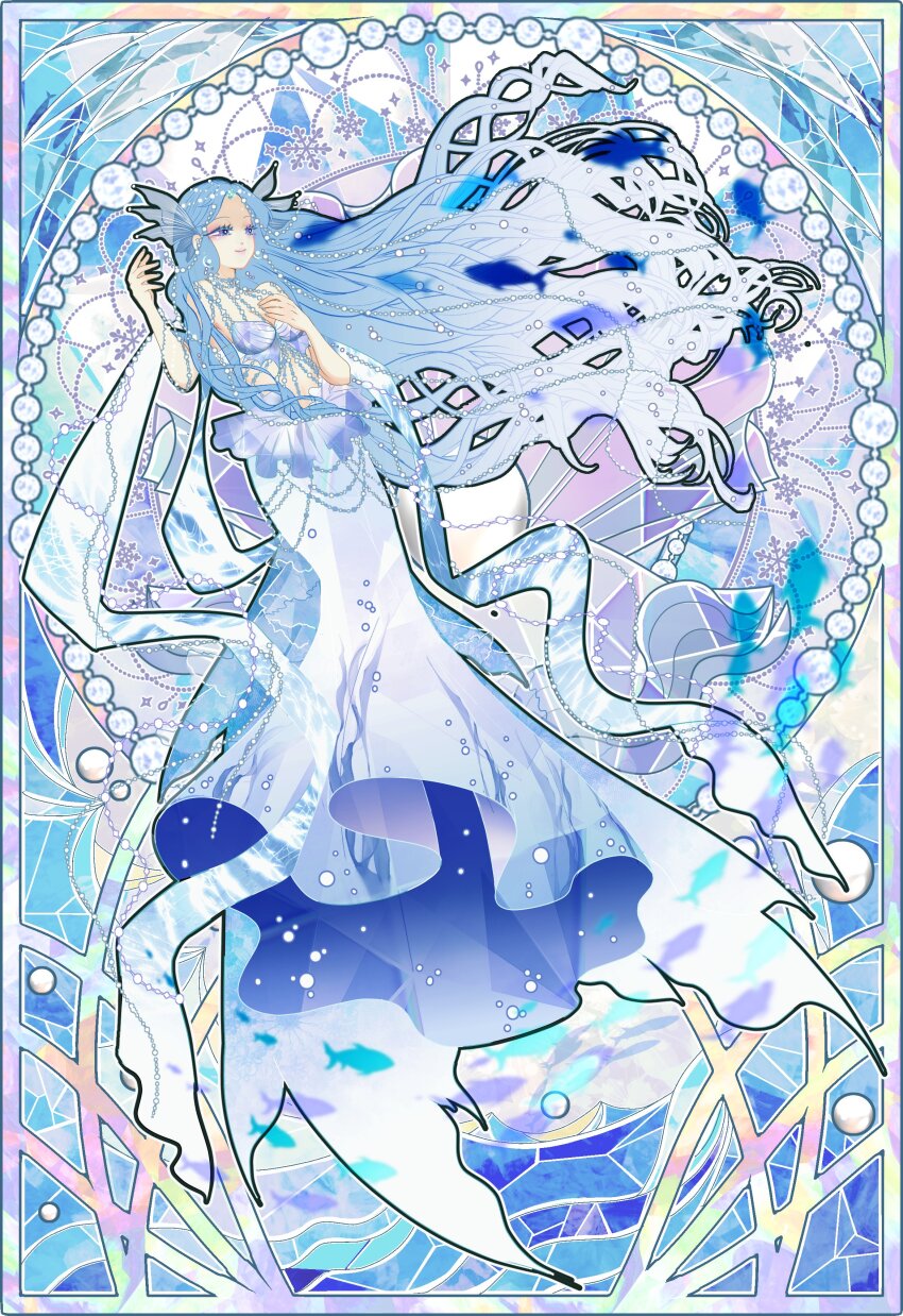 1girl, absurdres, bare_shoulders, beads, blue_bra, blue_eyes, blue_hair, blue_shawl