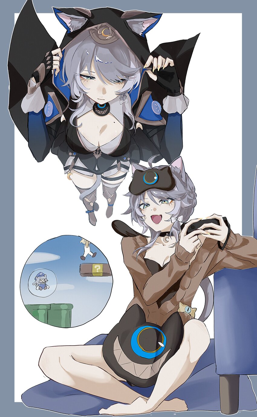 1girl, absurdres, animal_ears, animal_hood, barefoot, black_gloves, black_hood, black_leotard