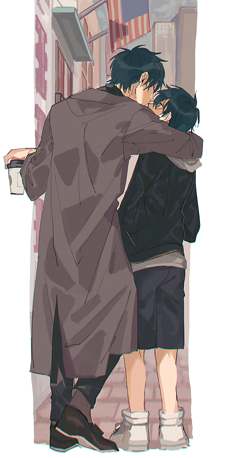 2boys, american_flag, aqua_hair, arm_around_shoulder, black_jacket, black_pants, black_shirt, black_shoes, black_shorts, border, brothers, brown_eyes, building, chromatic_aberration, city, closed_eyes, coat, cup, disposable_coffee_cup, disposable_cup, ear_piercing, earrings, echizen_ryooga, echizen_ryooma, film_grain, from_behind, full_body, grey_coat, hair_between_eyes, half-siblings, hands_in_pockets, high_tops, highres, holding, holding_cup, hood, hoodie, hunched_over, imminent_kiss, incest, ioko_(10k0), jacket, jacket_over_hoodie, jewelry, looking_at_another, multiple_boys, outdoors, pants, piercing, shirt, shoes, short_hair, shorts, siblings, sneakers, socks, standing, stud_earrings, tennis_no_ouji-sama, turtleneck, white_border, white_hoodie, white_shoes, yaoi, yellow_trim