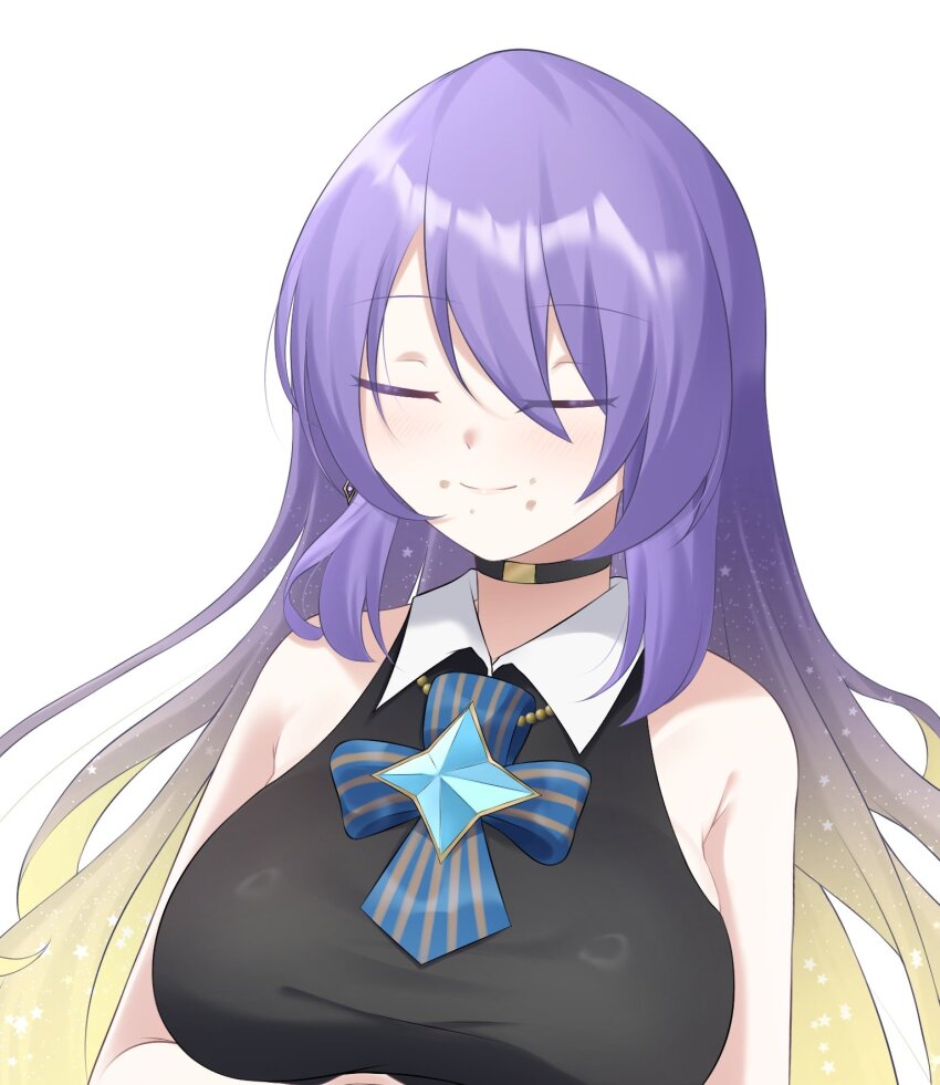 1girl, black_choker, blonde_hair, breasts, choker, closed_eyes, commentary, earrings, eyes_visible_through_hair, gradient_hair, highres, hololive, hololive_indonesia, jewelry, large_breasts, long_hair, moona_hoshinova, moona_hoshinova_(1st_costume), multicolored_hair, purple_hair, shirt, sleeveless, sleeveless_shirt, smile, solo, sussyjoe_08, upper_body, virtual_youtuber