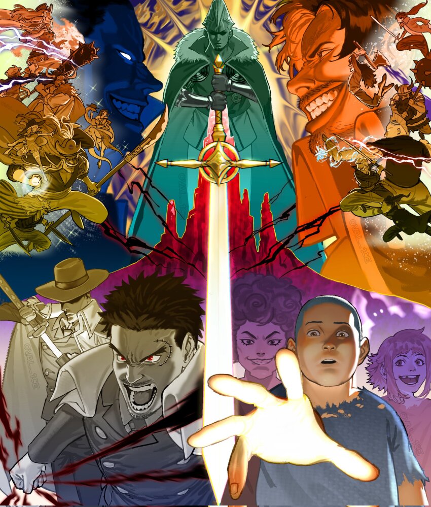 4girls, 6+boys, angry, axe, bartholomew_kuma, battle_axe, beard, beard_stubble, black_hair, black_necktie, black_suit, bogard_(one_piece), bottle, buckingham_stussy, cape, character_request, charlotte_linlin, clenched_hand, closed_mouth, club, club_(weapon), coat, coat_on_shoulders, collared_shirt, dress, drinking, edward_newgate, emporio_ivankov, facial_hair, fake_horns, figarland_garling, fighting_stance, fishnet_thighhighs, fishnets, formal_clothes, fur_trim, gauntlets, ginny_(one_piece), gloriosa_(one_piece), gol_d._roger, grey_hair, grin, haki_(one_piece), hat, helmet, highres, holding, holding_bottle, holding_polearm, holding_sword, holding_weapon, horned_helmet, horns, jumping, kaidou_(one_piece), kanabou, long_hair, missing_tooth, monkey_d._garp, multiple_boys, multiple_girls, mustache, mustache_stubble, naginata, necktie, one_piece, open_mouth, oval_1ce, pink_hair, pirate_hat, polearm, ponytail, purple_eyes, reaching, reaching_towards_viewer, red_eyes, rocks_d._xebec, round_eyewear, scar, scar_on_face, scopper_gaban, sheath, shirt, short_dress, short_hair, sidelocks, silhouette, silvers_rayleigh, smile, snake, sparkle, stubble, suit, sword, teeth, thighhighs, tongue, torn_clothes, unsheathing, weapon, white_coat, white_hair, white_shirt