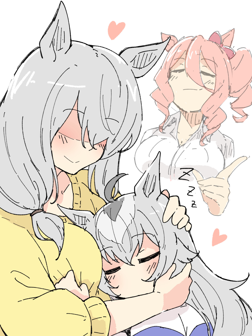 3girls, =_=, absurdres, affectionate, ahoge, animal_ears, blush, bow