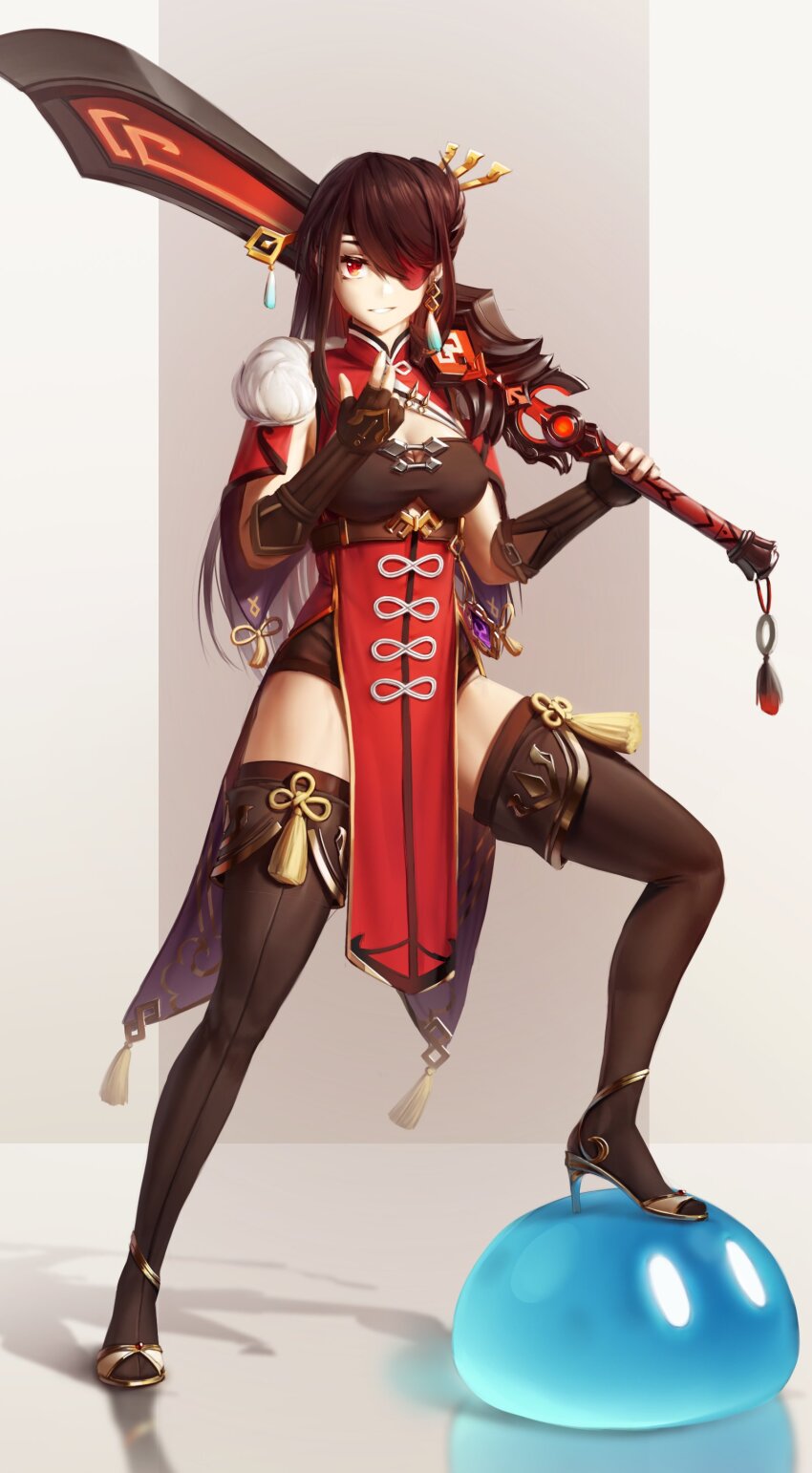 1girl, absurdres, beidou_(genshin_impact), black_gloves, black_thighhighs, blackcliff_slasher_(genshin_impact), border, breasts