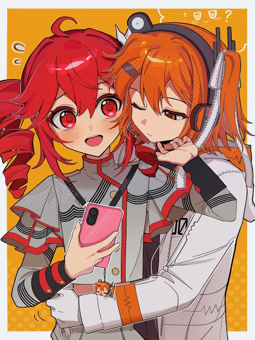 2girls, a.i._voice, adachi_rei, ahoge, black_shirt, blush, border, buttons