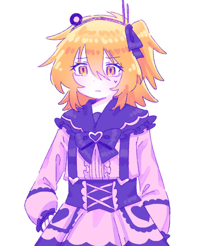 1girl, a.i._voice, adachi_rei, adricheri, black_bow, black_ribbon, bow, closed_mouth, commentary, dot_nose, english_commentary, facial_mark, frilled_shirt, frilled_sleeves, frills, hair_ribbon, hand_on_own_hip, headlamp, heart, heart_facial_mark, jirai_kei, long_sleeves, one_side_up, orange_eyes, orange_hair, pink_shirt, radio_antenna, ribbon, shirt, simple_background, solo, upper_body, utau, white_background