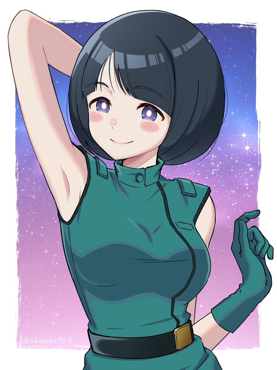 1girl, akane_(akanene928), arm_up, armpits, artist_name, black_hair, blue_eyes, blush, border, breasts, commentary_request, cosplay, dress, emma_sheen, emma_sheen_(cosplay), gloves, green_dress, green_gloves, gundam, gundam_gquuuuuux, highres, looking_at_viewer, medium_breasts, military_uniform, night, presenting_armpit, shiiko_sugai, short_hair, sky, smile, solo, twitter_username, white_border, zeta_gundam
