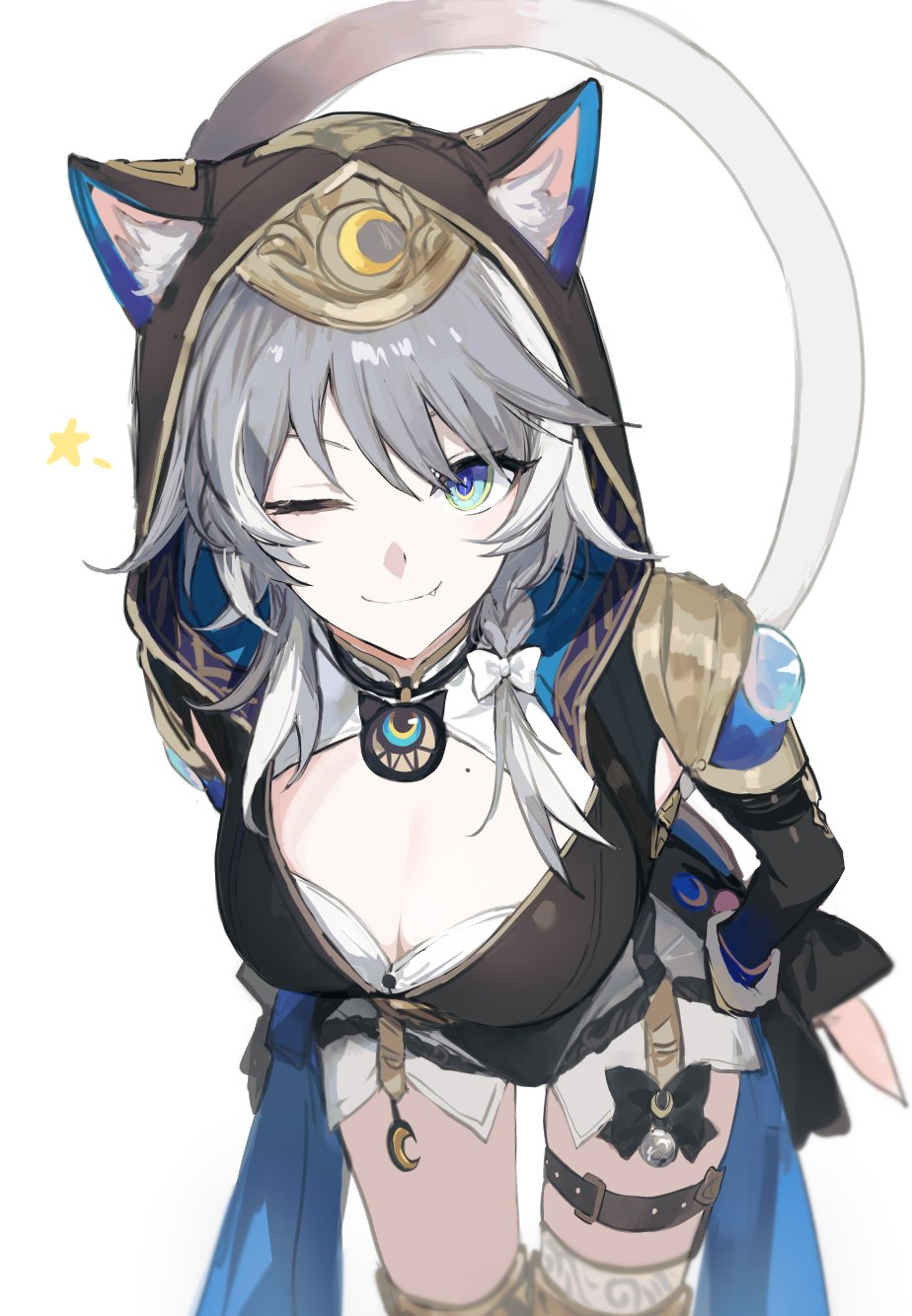 1girl, animal_hood, belt, black_hood, cat_girl, cat_hood, cipher_(honkai:_star_rail), ears_through_hood, highres, honkai:_star_rail, honkai_(series), hood, hooded_leotard, mole, mole_on_chest, one_eye_closed, pingkikiki123, solo, star_(symbol), thigh_belt, thigh_strap, white_background