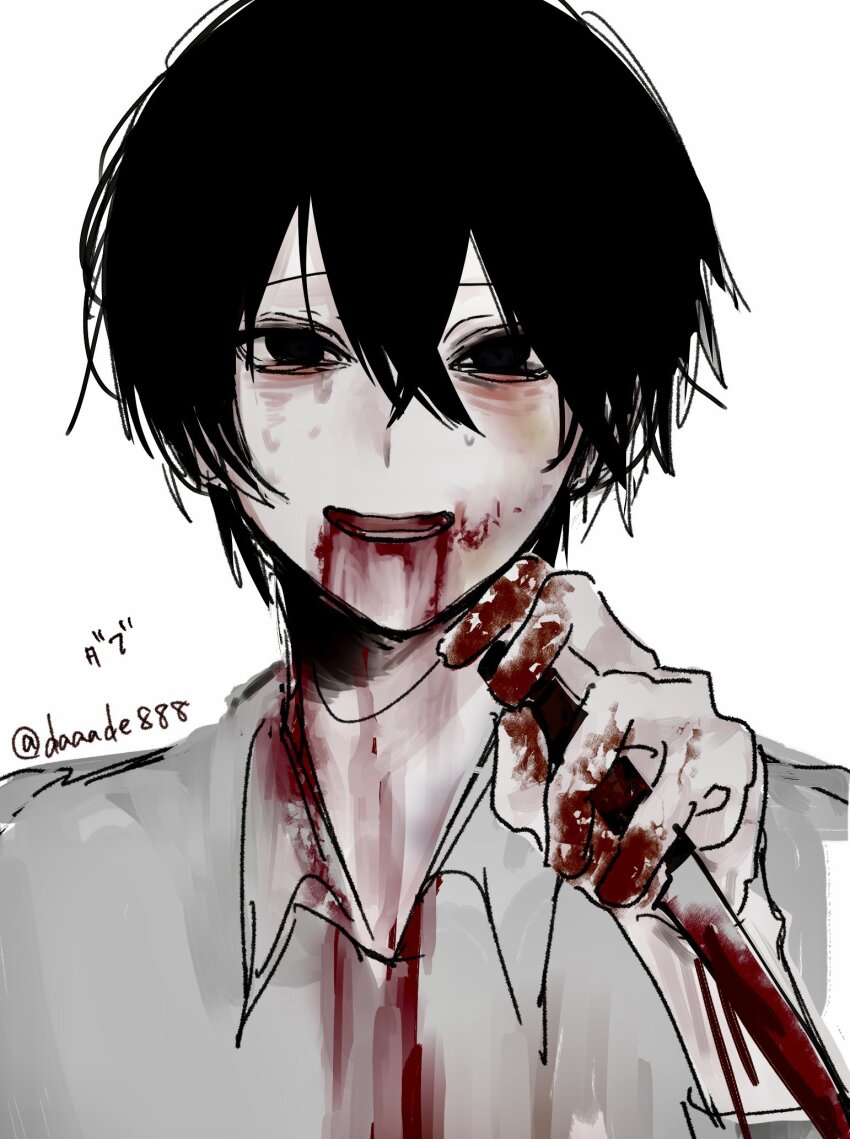 1boy, arm_up, bags_under_eyes, black_eyes, black_hair, blood, blood_on_clothes, blood_on_face