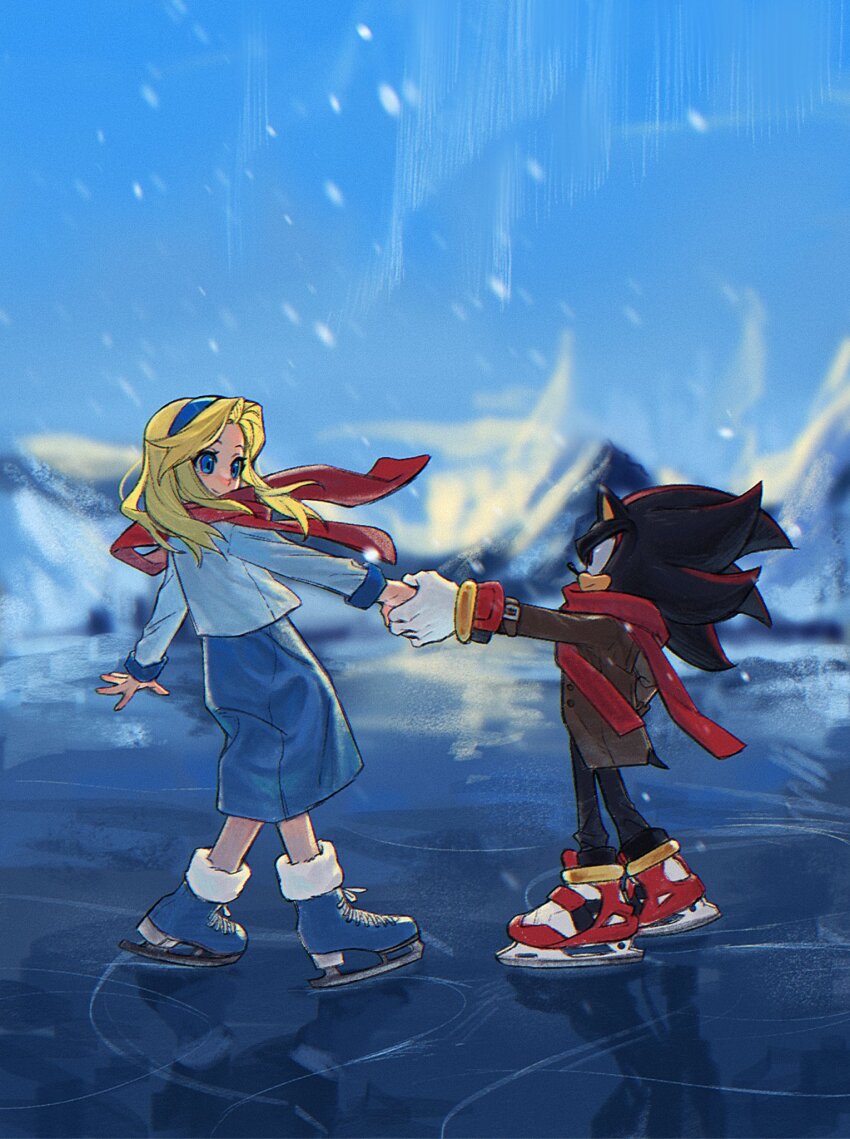 1boy, 1girl, black_fur, black_pants, blue_boots, blue_dress, blue_eyes, blue_hairband