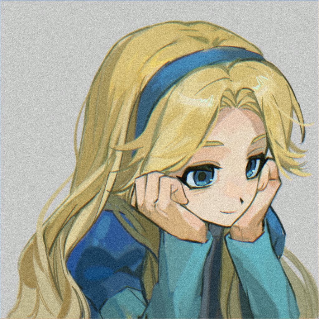 1girl, blonde_hair, blue_dress, blue_eyes, blue_hairband, blue_jacket, closed_mouth, dress, grey_background, hairband, hands_on_own_cheeks, hands_on_own_face, head_on_hands, jacket, long_hair, long_sleeves, maria_robotnik, nabe0915199212, parted_bangs, sidelocks, smile, solo, sonic_(series), upper_body