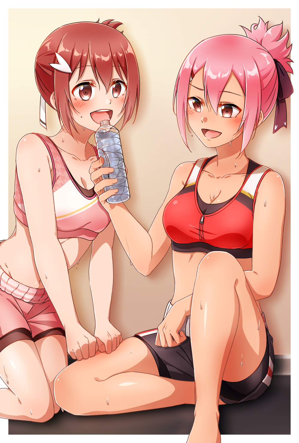 2girls, :d, akamine_yuuna, bare_arms, barefoot, bike_shorts, bike_shorts_under_shorts, black_shorts, blush, bottle, breasts, brown_eyes, cleavage, eda_udon, highres, holding, holding_bottle, kneeling, medium_breasts, midriff, multiple_girls, open_mouth, pink_hair, pink_shorts, pink_sports_bra, plastic_bottle, red_hair, red_sports_bra, short_hair, short_shorts, shorts, siblings, sisters, sitting, small_breasts, smile, sports_bra, stomach, sweatdrop, water_bottle, yuuki_yuuna, yuuki_yuuna_wa_yuusha_de_aru, yuusha_de_aru