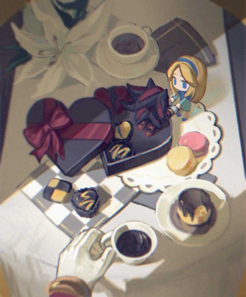 1boy, 1girl, black_fur, blonde_hair, blue_dress, blue_eyes, blue_hairband, blue_shoes