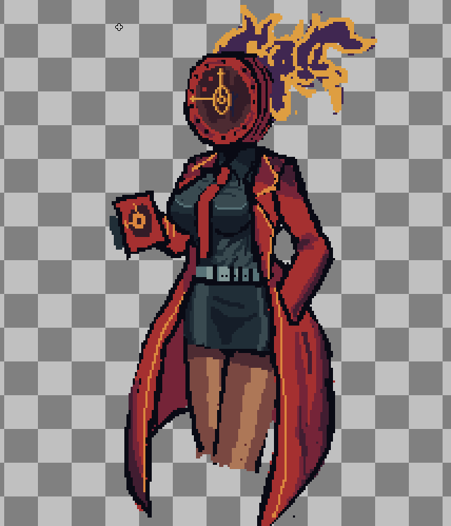 1girl, analog_clock, baeloe, belt, bodycon, breasts, burning, checkered_background