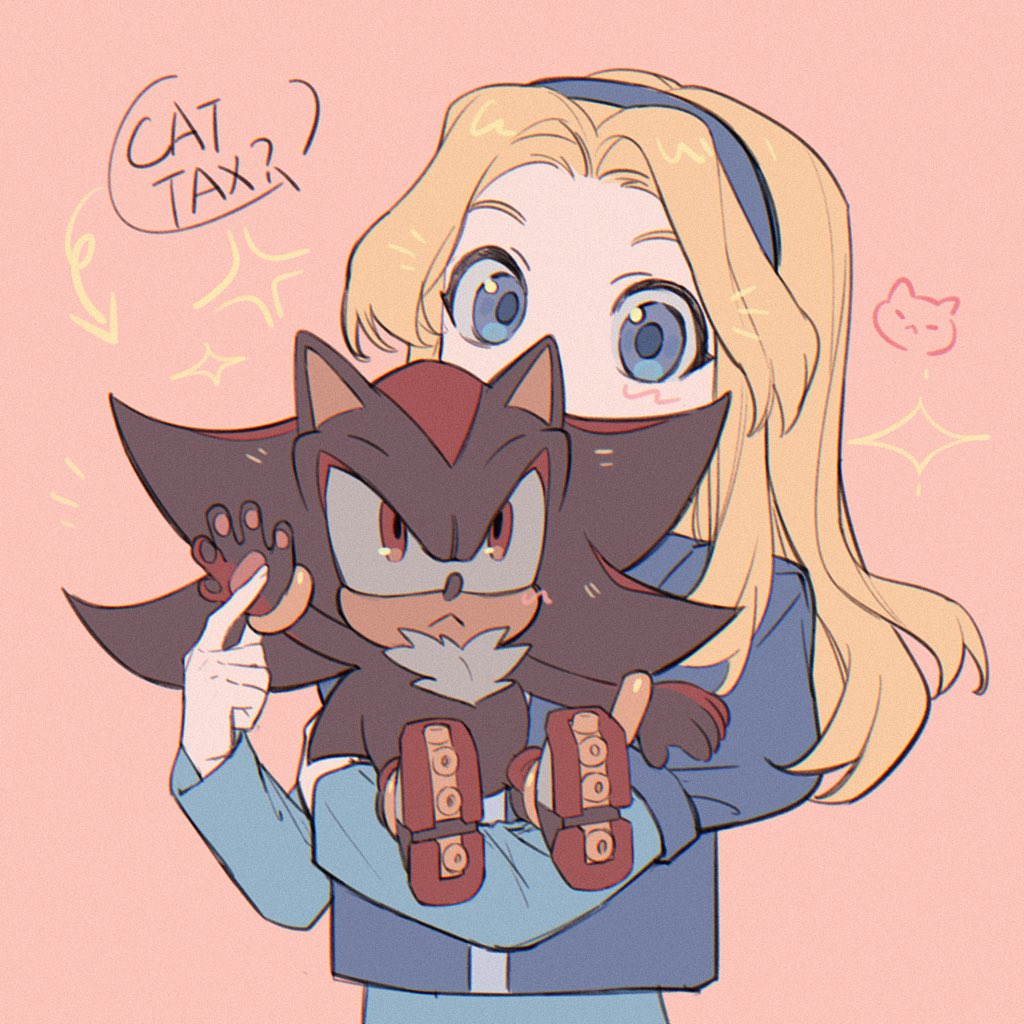 1boy, 1girl, black_fur, blonde_hair, blue_dress, blue_eyes, blue_hairband, blue_jacket, dress, frown, furrowed_brow, hairband, holding_paw, jacket, light_blush, maria_robotnik, nabe0915199212, pink_background, red_eyes, red_fur, red_shoes, shadow_the_hedgehog, shoes, sonic_(series), two-tone_fur, upper_body