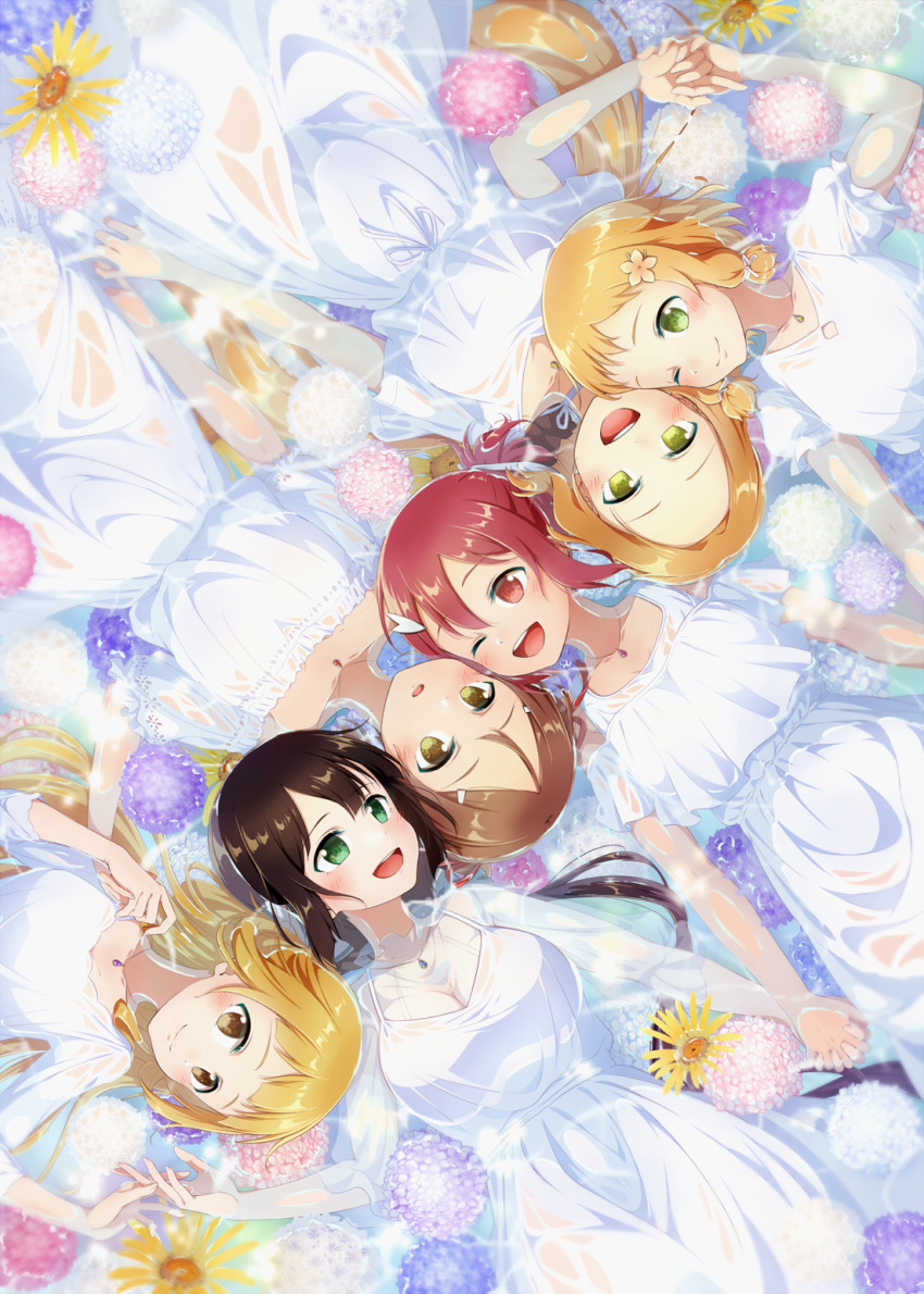 6+girls, :d, ;d, blonde_hair, brown_eyes, brown_hair, closed_mouth, dress