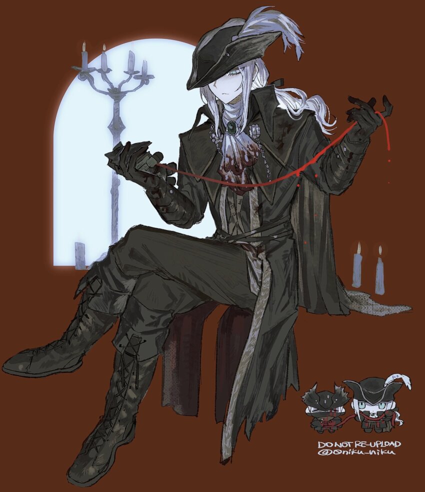 0niku_niku, 1girl, ascot, blood, bloodborne, blue_eyes, cape, coat